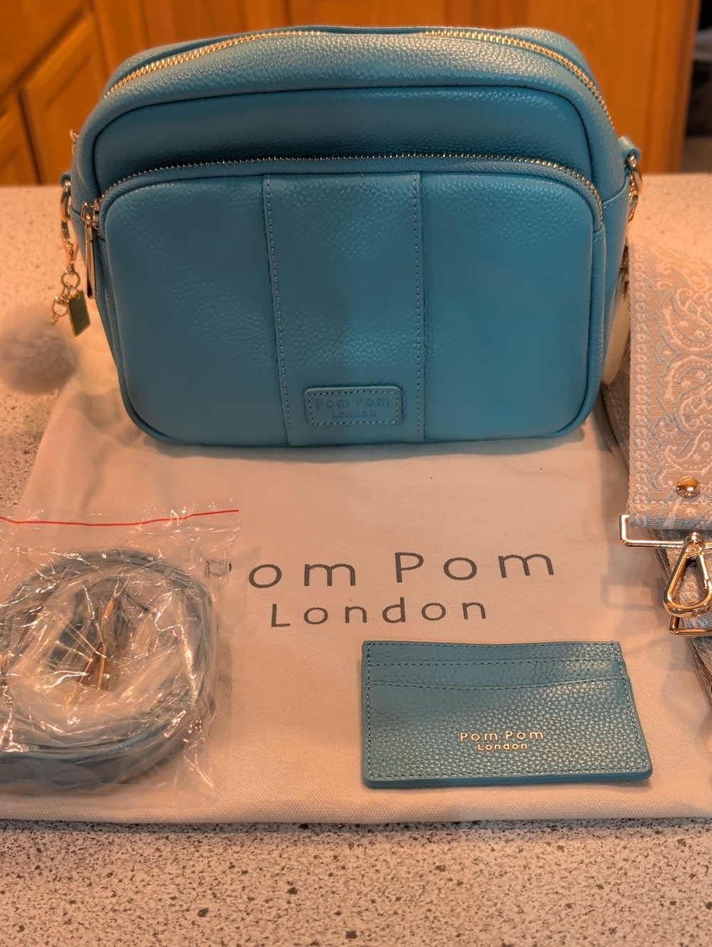 Pom Pom London Cabana Blue Original Plus Leather Crossbody Bag w/ Accessories
